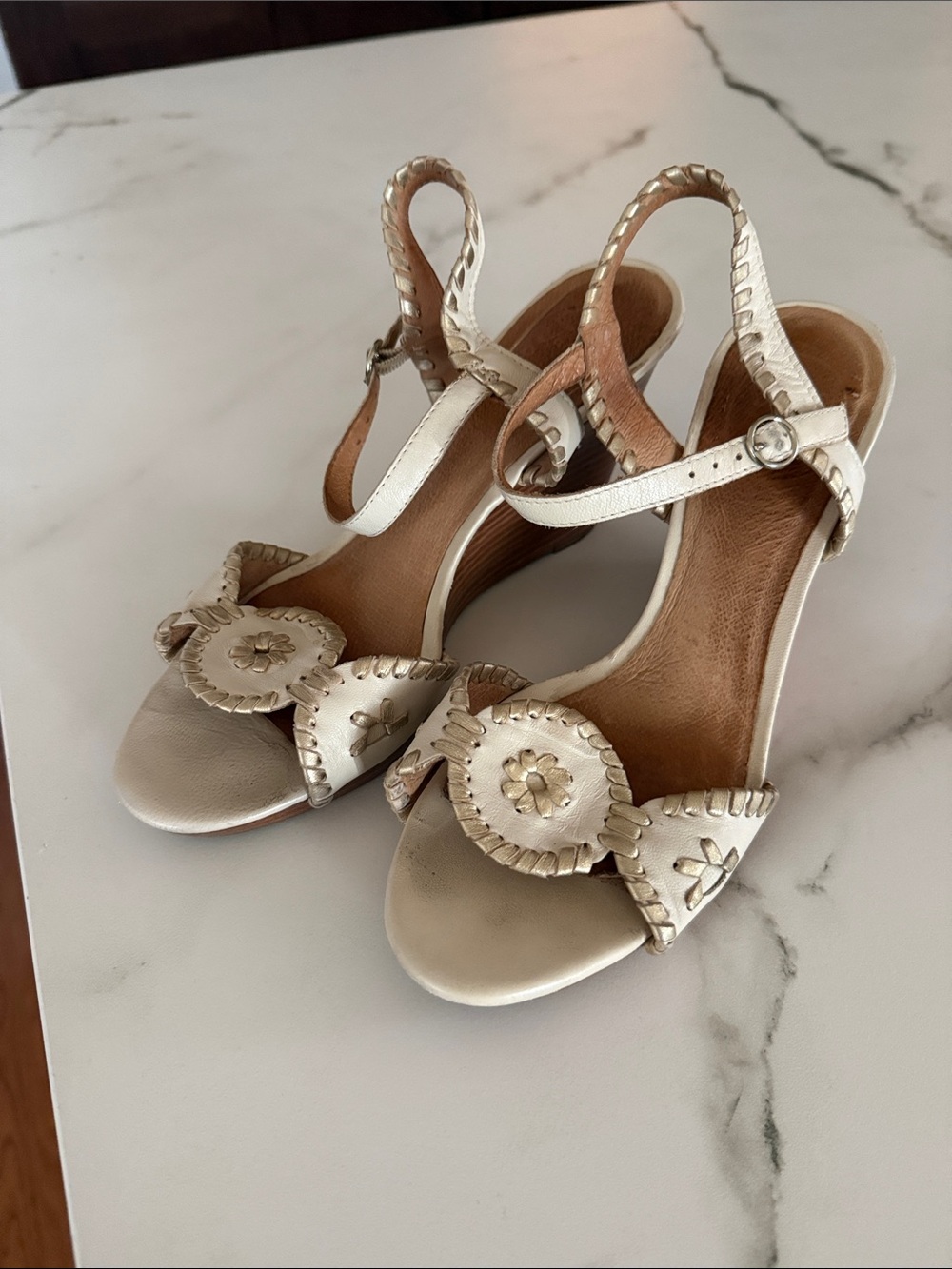 Jack Rogers Women’s Cream Wedge Sandals with Decorative Floral Medallions